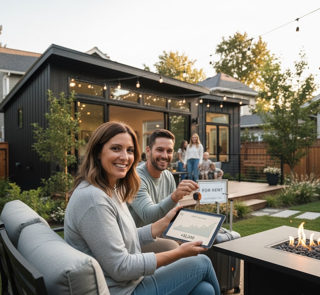 Couple placing a For Rent sign near an ADU