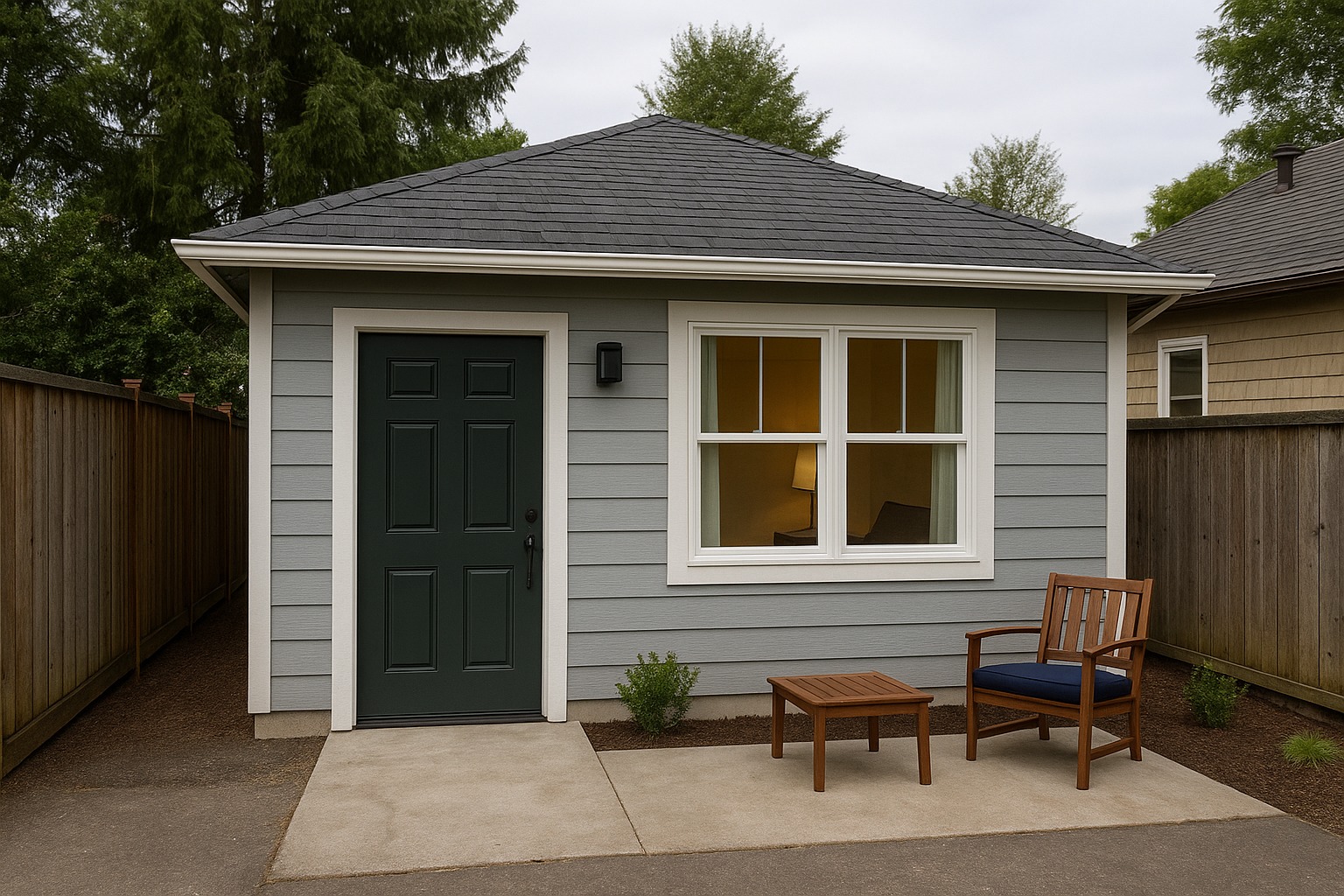 750 sf detached ADU with light wood siding