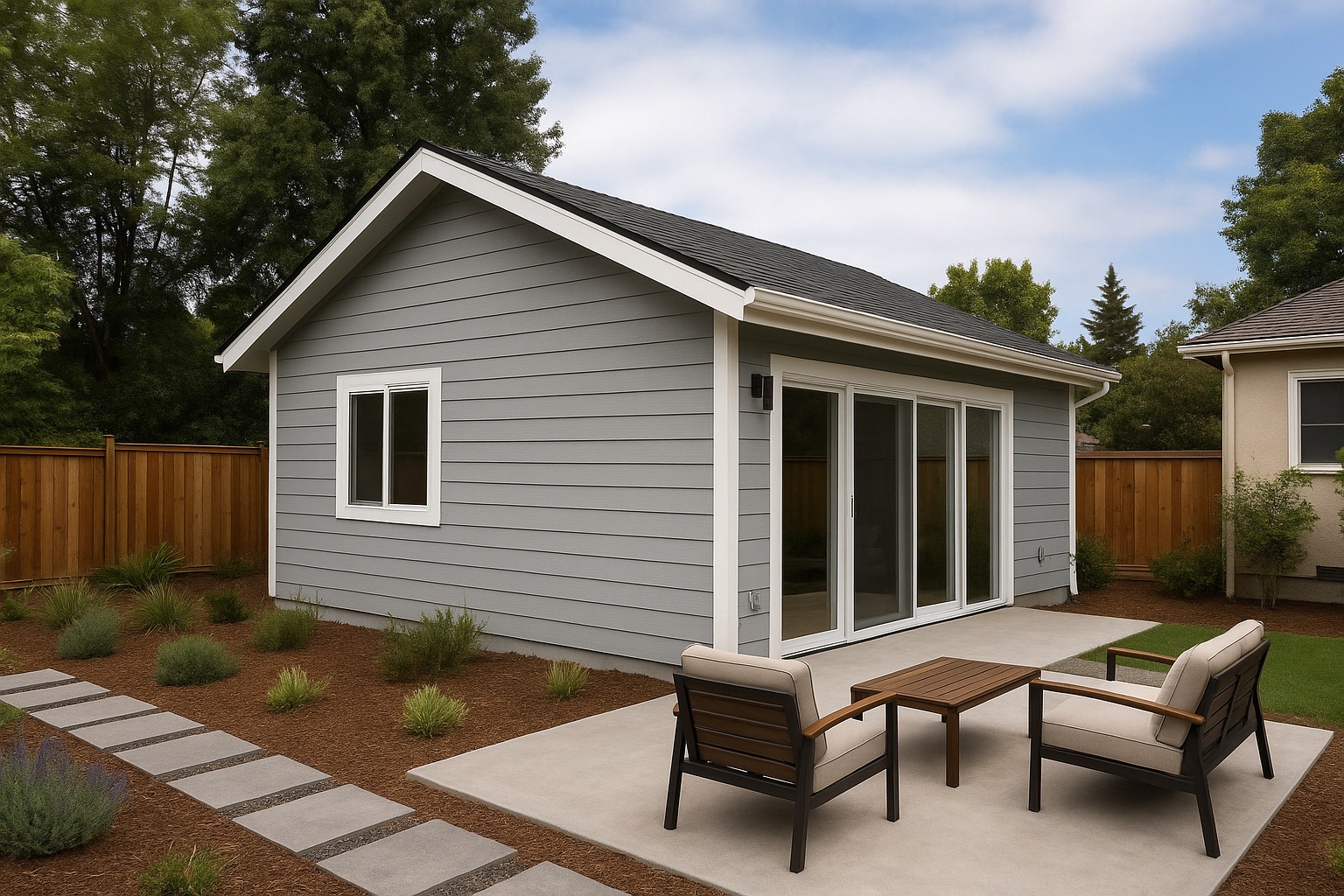Converted garage ADU with kitchenette and egress window
