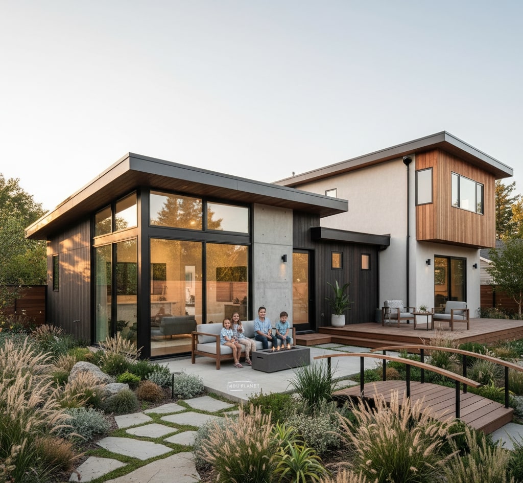 Primary home with landscaped path to ADU