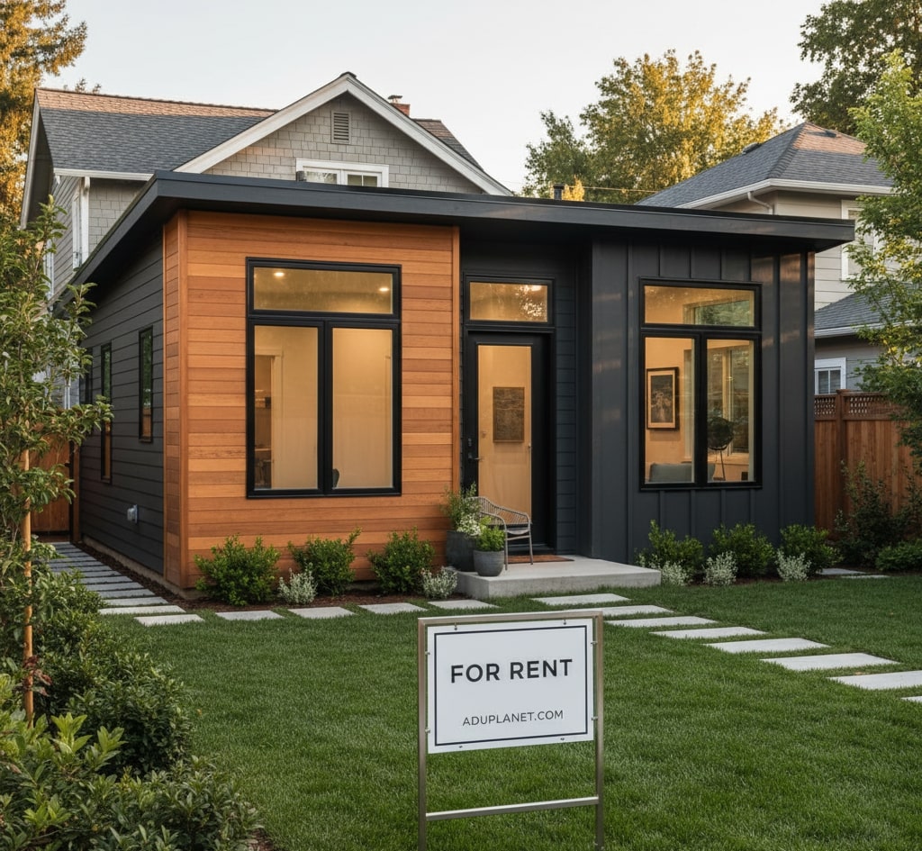 Modern detached ADU clad in cedar and dark panels
