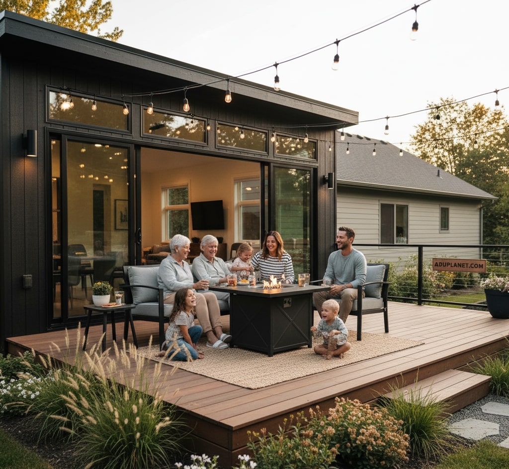 Family on an ADU deck in the evening